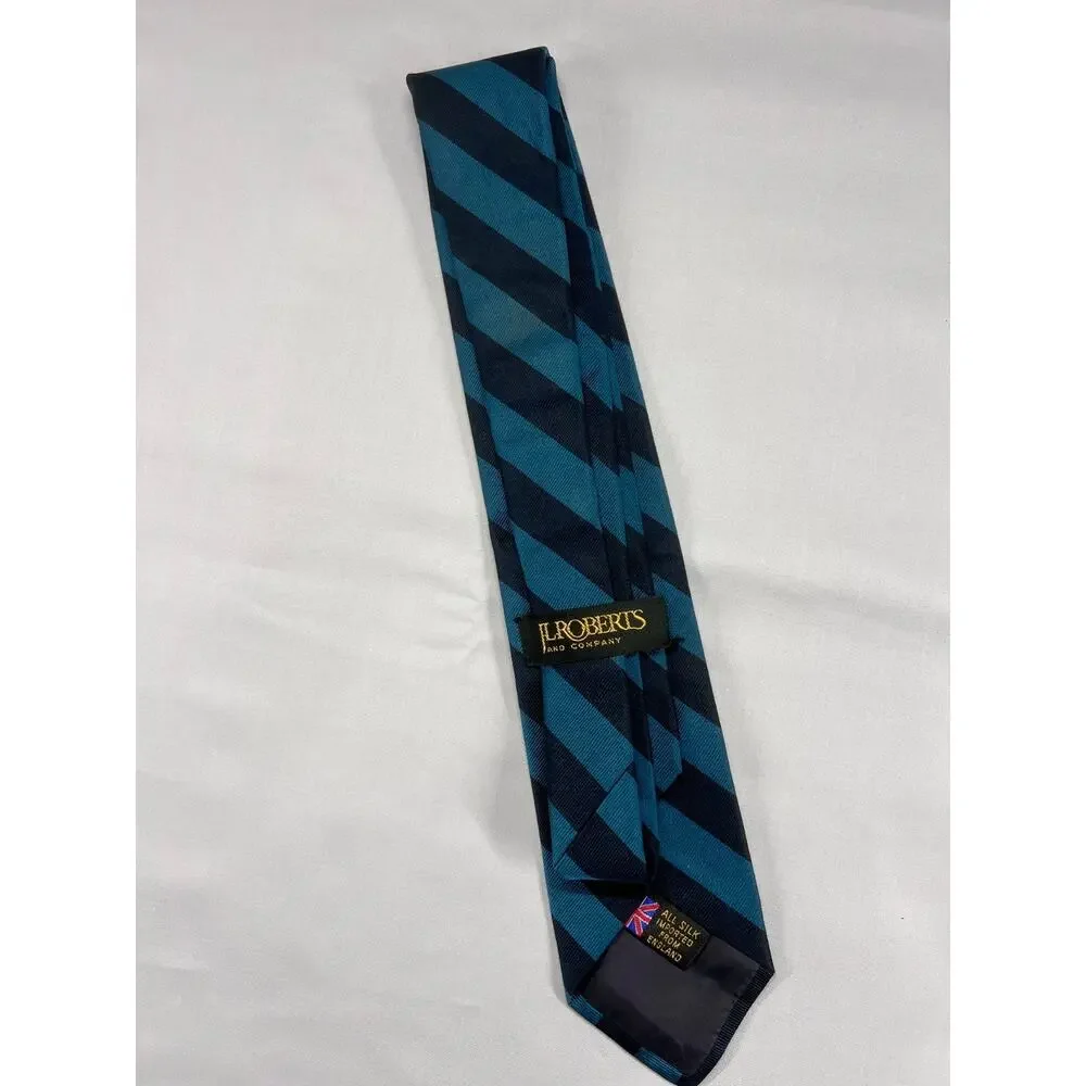 JL Roberts Tie Mens One Size Teal Black English Silk Repp Stripe 57in